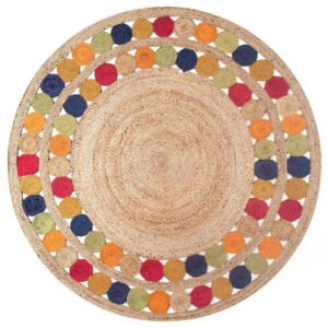 Round Jute Rug Carpet with Multicolor Circles – Perfect for Home & Office
