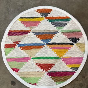 Multicolor Round Shape Carpet with Half White, Half Multicolor Square Design